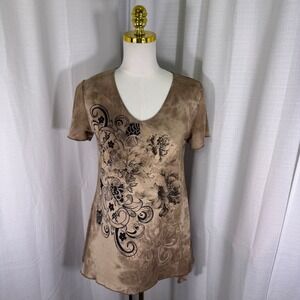 Sienna Grace Graphic Tunic Women Small Brown Tie Dye Rhinestone Floral Y2K Indie